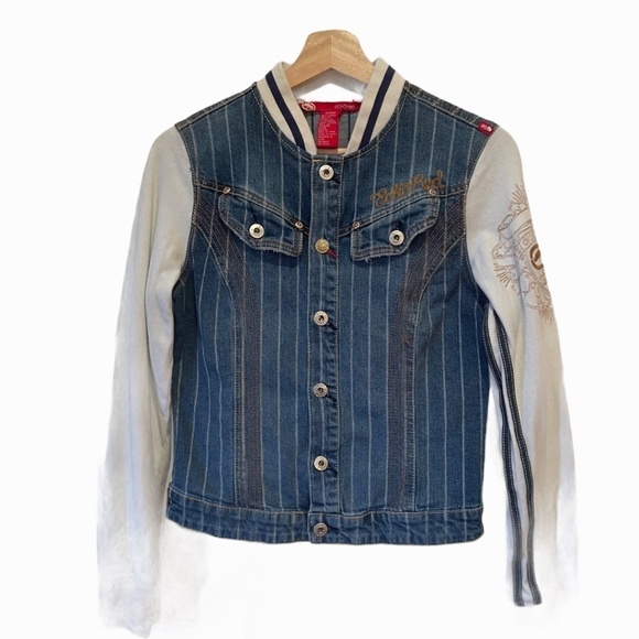 Eckored Ladies Striped Button Up Denim Jacket - Picture 1 of 9